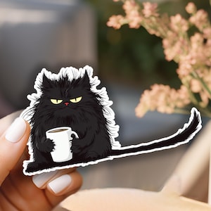 Grumpy cat drinking a coffee sticker , Fun Sticker, office meme, animals at work , cat sticker \!