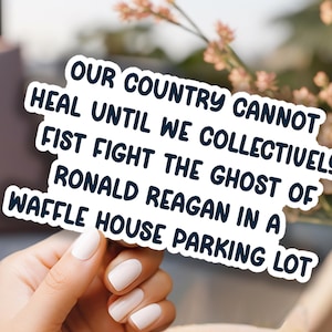 Our country cannot heal until we collectively fist fight the ghost of Ronald Reagan in a Waffle House parking lot  - text sticker