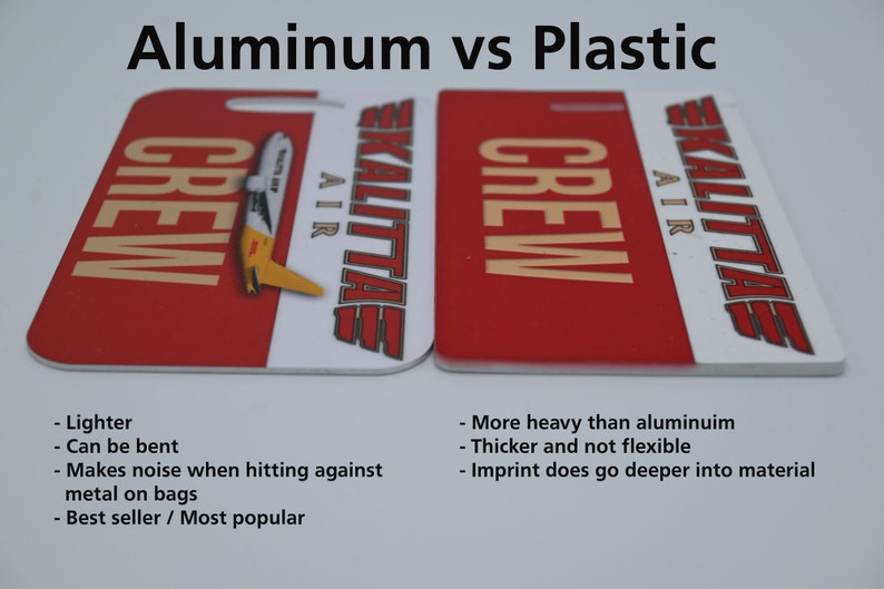 May include: Two luggage tags, one made of aluminum and one made of plastic, both red with white lettering. The aluminum tag is lighter and can be bent, while the plastic tag is thicker and more durable. Both tags feature the text "CREW" and "SKALITTAE AIR".