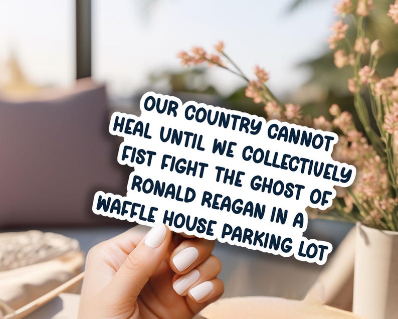 Our country cannot heal until we collectively fist fight the ghost of Ronald Reagan in a Waffle House parking lot  - text sticker