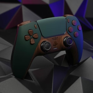 May include: A dark green and brown PlayStation 5 controller with a wood grain design. The controller has a PlayStation logo on the front and a textured grip.