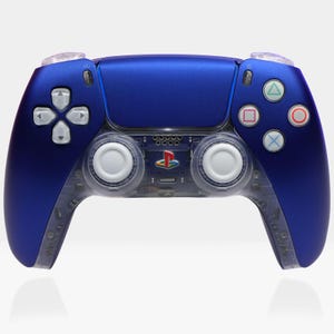May include: A blue PlayStation 5 DualSense wireless controller with white face buttons and a translucent design.