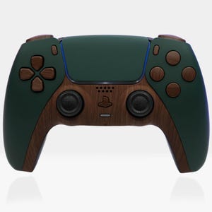 May include: A dark green and brown PlayStation 5 controller with a wood grain design. The controller has a black PlayStation logo on the front.