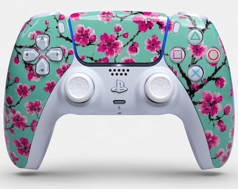 Sakura GT White PS5-Controller – DualSense-Controller im Mintgrün-Eistee-Design, japanisches Kirschblüten-Design, pastellfarbene PlayStation-Tasten