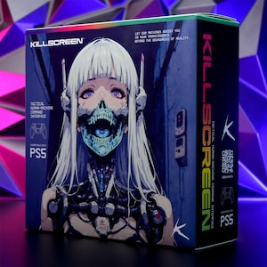 Peut inclure: Bo&icirc;te de produit pour l'interface de commande tactique homme-machine "KILLSCREEN", compatible avec PS5. La bo&icirc;te pr&eacute;sente une illustration de style anime futuriste d'une femme cyborg aux cheveux blancs et un masque facial squelettique. Le texte comprend "Laissez nos machines vous assister dans votre transcendance au-del&agrave; des limites de la r&eacute;alit&eacute;."