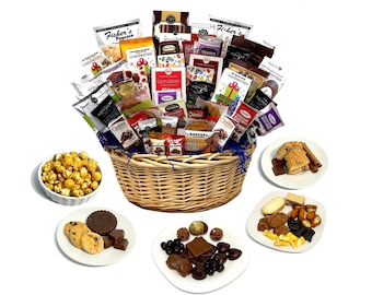 May include: A wicker basket filled with a variety of gourmet snacks, including chocolate, cookies, popcorn, and dried fruit. The basket is surrounded by small plates with additional snacks.