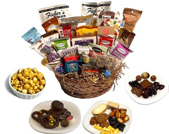 Gift Basket of gourmet chocolate, cookies, and snacks! Perfect for families, kids, client, employees, birthdays, appreciation, and sympathy!