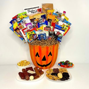 Hand-Crafted novelty Halloween Pumpkin gourmet gift basket. Perfect for business gifts, Halloween parties, and to fill with Halloween candy!