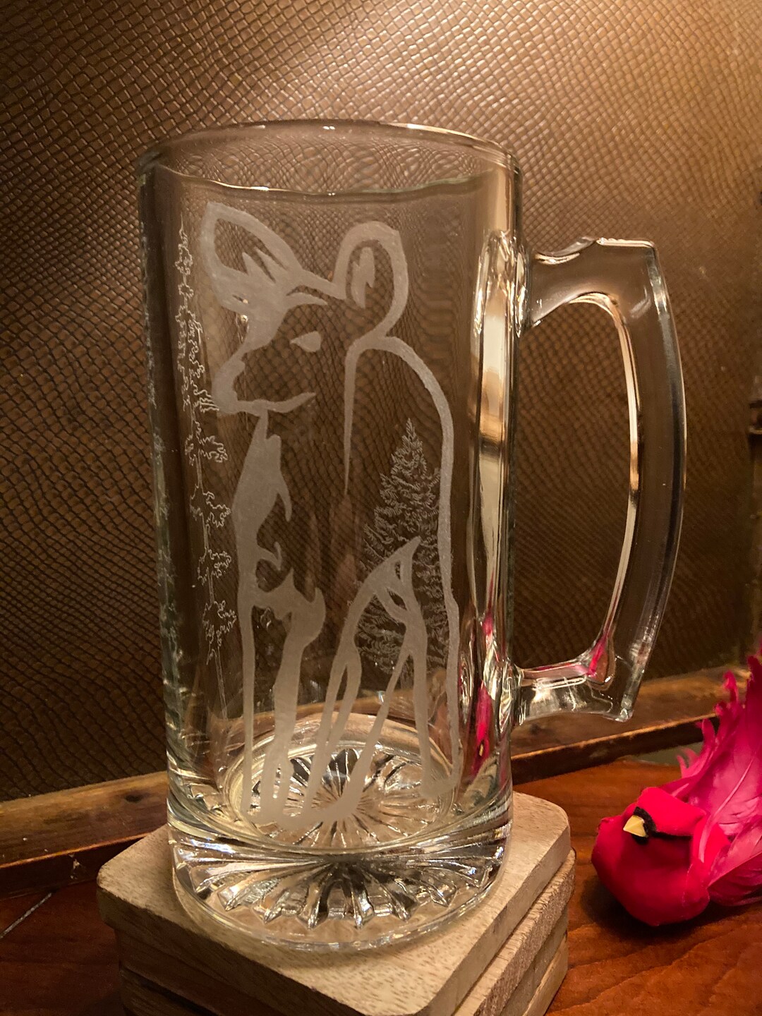 24 Oz. Deer W/trees Design Hand Engraved Glass Beer Mug NEW Etsy