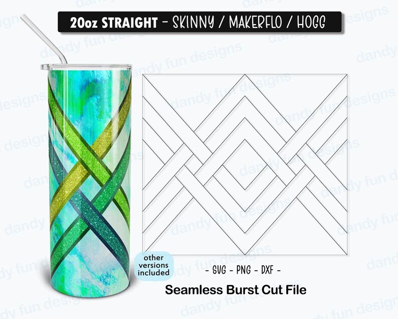 May include: A 20 ounce skinny straight tumbler with a green, blue, and gold geometric pattern. The image also includes a black and white line drawing of a geometric pattern for a seamless burst cut file.