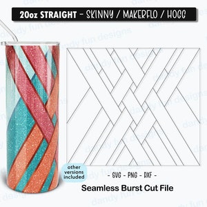 May include: A 20 ounce skinny straight tumbler with a turquoise, pink, and orange geometric pattern. The tumbler is shown with a straw. The image also includes a black and white geometric pattern that can be used as a cut file.