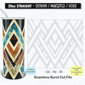 May include: A 20 ounce skinny straight tumbler with a geometric pattern in shades of blue, gold, and brown. The tumbler is shown next to a digital cut file of the pattern, which is labelled "Seamless Burst Cut File".