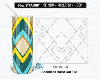 May include: A 20 ounce skinny straight tumbler with a geometric pattern in shades of yellow, teal, and brown. The tumbler has a glitter finish. The image also includes a cut file for a seamless burst design.