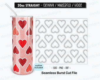 May include: A 20 ounce skinny straight tumbler with a pink glitter background and red glitter hearts. The tumbler is shown with a straw. A separate image shows a seamless pattern of outlined hearts for a cut file.
