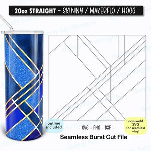 Pode incluir: Um copo reto magro de 20 onças com um design geométrico azul e dourado. O copo é mostrado com um canudo. A imagem também inclui um arquivo de corte para um design de explosão sem costura.
