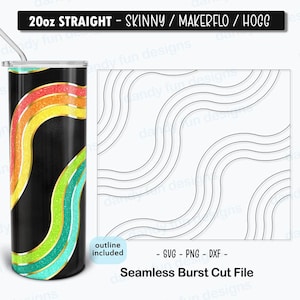Può includere: Un bicchiere dritto sottile da 20 once con sfondo nero e un design ondulato arcobaleno. Il design include i colori oro, giallo, arancione, rosso, verde, blu e turchese. Il bicchiere è mostrato accanto a un contorno in bianco e nero dello stesso design. Il testo "20oz STRAIGHT - SKINNY / MAKERFLO / HOGG" è nella parte superiore dell'immagine. Il testo "outline included" è in un riquadro bianco con bordo nero. Il testo "SVG - PNG - DXF - Seamless Burst Cut File" è nella parte inferiore dell'immagine.