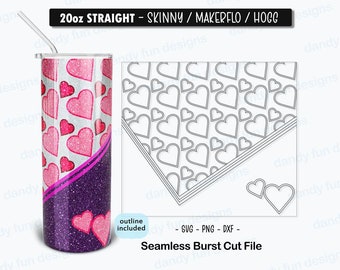 May include: A 20 ounce skinny straight tumbler with a pink glitter design featuring a pattern of hearts. The tumbler has a purple glitter band around the bottom. The image also includes a black and white outline of the design for cutting.