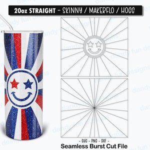 Smiley Star Burst USA 4. Juli Burst Tumbler Template für 20oz Skinny Straight/ Makerflo/ Hogg - SVG Dxf PNG