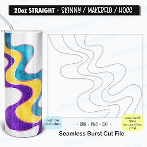 Può includere: Un bicchiere dritto e sottile da 20 once con un design astratto colorato con linee ondulate viola, gialle e blu. Il bicchiere è bianco con una finitura glitterata. L'immagine include anche un contorno in bianco e nero del design per il taglio.