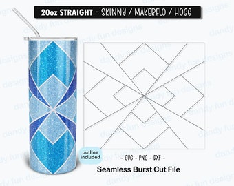May include: A 20 ounce skinny straight tumbler with a blue and white geometric pattern. The tumbler has a glitter finish. The image also includes a cut file for a seamless burst design.