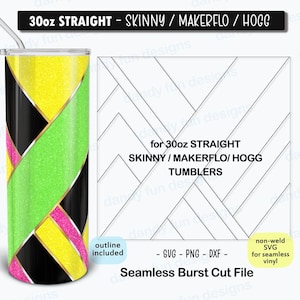 May include: A 30oz straight skinny tumbler with a black, yellow, green, and pink geometric design. The design is seamless and can be used for sublimation or vinyl projects. The image includes a cut file for the design.