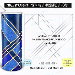 May include: A 30oz straight skinny tumbler with a geometric design featuring blue and gold colors. The tumbler is for use with a Cricut Maker or Silhouette Cameo.