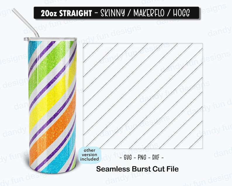 K&ouml;nnte beinhalten: Ein 20 Unzen schlanker gerader Becher mit einem Regenbogen-Glitzer-Design. Der Becher hat einen wei&szlig;en Hintergrund mit diagonalen Streifen in Gr&uuml;n, Gelb, Orange, Lila und Blau. Der Becher ist mit einem Strohhalm abgebildet. Der Text "20oz STRAIGHT - SKINNY / MAKERFLO / HOGG" befindet sich oben im Bild. Der Text "other version included" befindet sich in einem blauen Kreis unten links im Bild. Der Text "SVG - PNG - DXF - Seamless Burst Cut File" befindet sich unten in der Mitte des Bildes.
