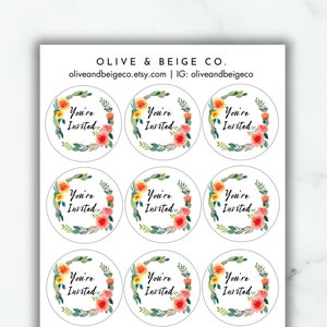 You&#39;re Invited Envelope Seal Stickers | Floral Invitation Decor Sticker Sheet | Flower Celebration Stickers | Wedding Labels