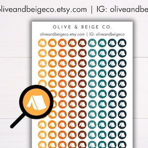 May include: A sheet of 100 tent-shaped stickers in a gradient of orange, brown, and teal colors. The stickers are arranged in rows and columns on a white background. The text "oliveandbeigeco.etsy.com | IG: oliveandbeigeco" is printed at the top of the sheet.