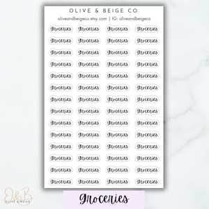 May include: A sheet of white sticker paper with 48 black and white oval stickers that say "Groceries" in a handwritten font. The sheet is labeled "Olive & Beige Co." at the top and "Groceries" at the bottom.