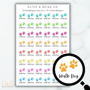 May include: A sheet of colorful paw print stickers with the text "Walk Dog" on each sticker. The stickers are arranged in rows and columns, with each sticker featuring a different color paw print.