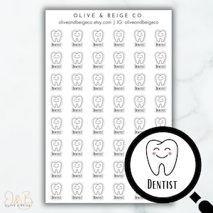 May include: A sheet of white sticker paper with 49 white tooth stickers. Each sticker has a black outline of a tooth with a smiling face and the word "DENTIST" written in black below. A larger tooth sticker with a smiling face and the word "DENTIST" written in black below is in the lower right corner of the sheet.