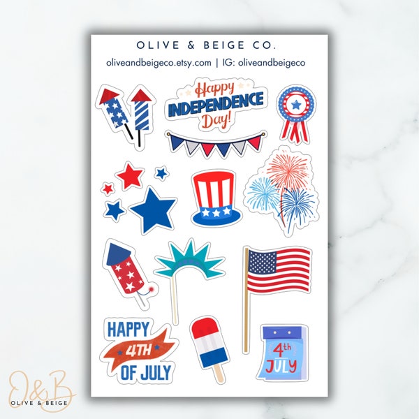 Fourth of July Stickers | July 4th Sticker Sheet | Independence Day Scrapbooking Stickers | 4th of July