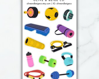 Fitness Stickers | Workout Theme Sticker Sheet  | Healthy Lifestyle Scrapbooking Stickers | Decorative Fitness Eqiuptment Stickers