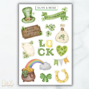 St. Patrick&#39;s Day Sticker Sheet | Four Leaf Clover Leprechaun Stickers | Shamrock Scrapbooking Stickers | Luck of the Irish Planner Stickers