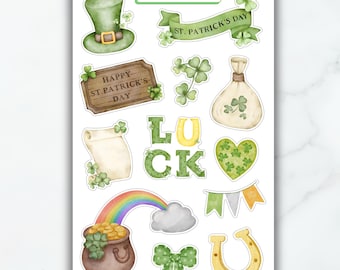 St. Patrick's Day Sticker Sheet | Four Leaf Clover Leprechaun Stickers | Shamrock Scrapbooking Stickers | Luck of the Irish Planner Stickers