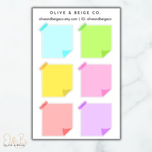 May include: A sheet of six pastel colored sticky note stickers. The notes are square shaped with rounded corners and have a curled corner to mimic a real sticky note. The colors are light blue, green, yellow, pink, peach, and purple.