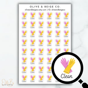 May include: A sheet of 36 yellow and pink cleaning glove stickers with the word "Clean" written on each sticker.