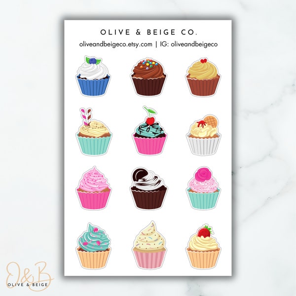 Cupcake Stickers | Birthday Celebration Sticker Sheet  | Cartoon Scrapbooking Stickers | Cute Cupcake Decor Stickers