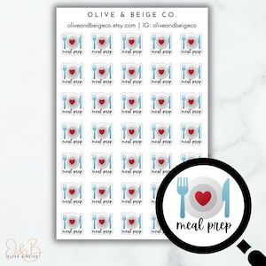 May include: Sheet of stickers featuring a repeating design of a plate with a red heart, a fork, and a knife, with the words "meal prep" below. The stickers are white with blue and red accents. The text "OLIVE & BEIGE CO." is at the top.