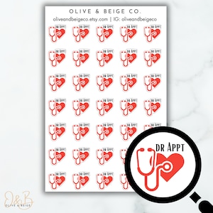 May include: A sheet of 25 red and white stickers with a stethoscope and heart design. Each sticker says "DR APPT".