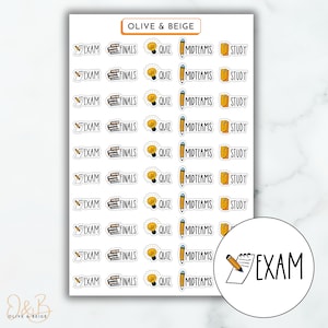 May include: A sheet of stickers with study-themed illustrations. The stickers include the words "EXAM", "FINALS", "QUIZ", "MIDTERMS", and "STUDY", along with related graphics like books, lightbulbs, and pencils. The brand name "OLIVE & BEIGE" is at the top.