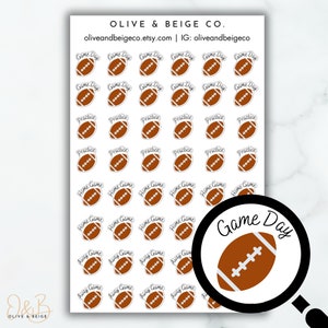 May include: A sheet of 48 brown and white football-themed stickers. The stickers feature the words "Game Day", "Practice", "Home Game", and "Away Game".