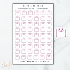 May include: A sheet of 52 pink and white weight loss tracker stickers. Each sticker features a scale icon. The sheet includes two stickers with the text "Starting Weight" and "Ending Weight".