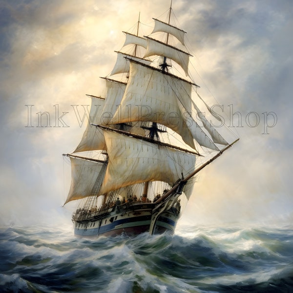 Vintage Nautical Adventure: 1800s Sailing Vessel on the High Seas - Digital Wall Art