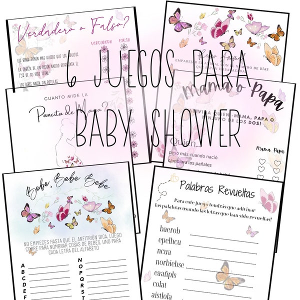 6 Juegos para baby shower Mariposas/ 6 games for baby shower