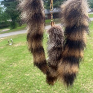 May include: Three brown and black faux fur tails attached to gold keychains. The tails are fluffy and have a striped pattern.