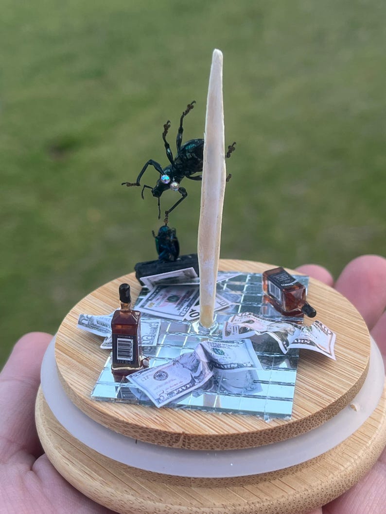 May include: A miniature scene with a blue beetle on a white stick, surrounded by dollar bills, a bottle of whiskey, and a mirrored surface on a wooden base.