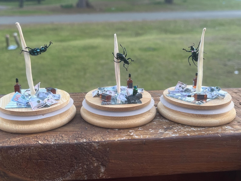 May include: Three miniature wooden bases with a white stick and a black beetle on top. Each base has a pile of fake money and a small bottle on top. The bases are on a wooden surface.