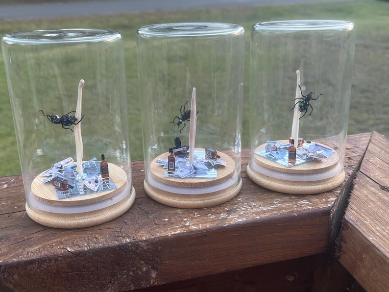 May include: Three glass jars with wooden lids, each containing a miniature scene with a black insect and a small bottle. The scene is set on a printed paper background.